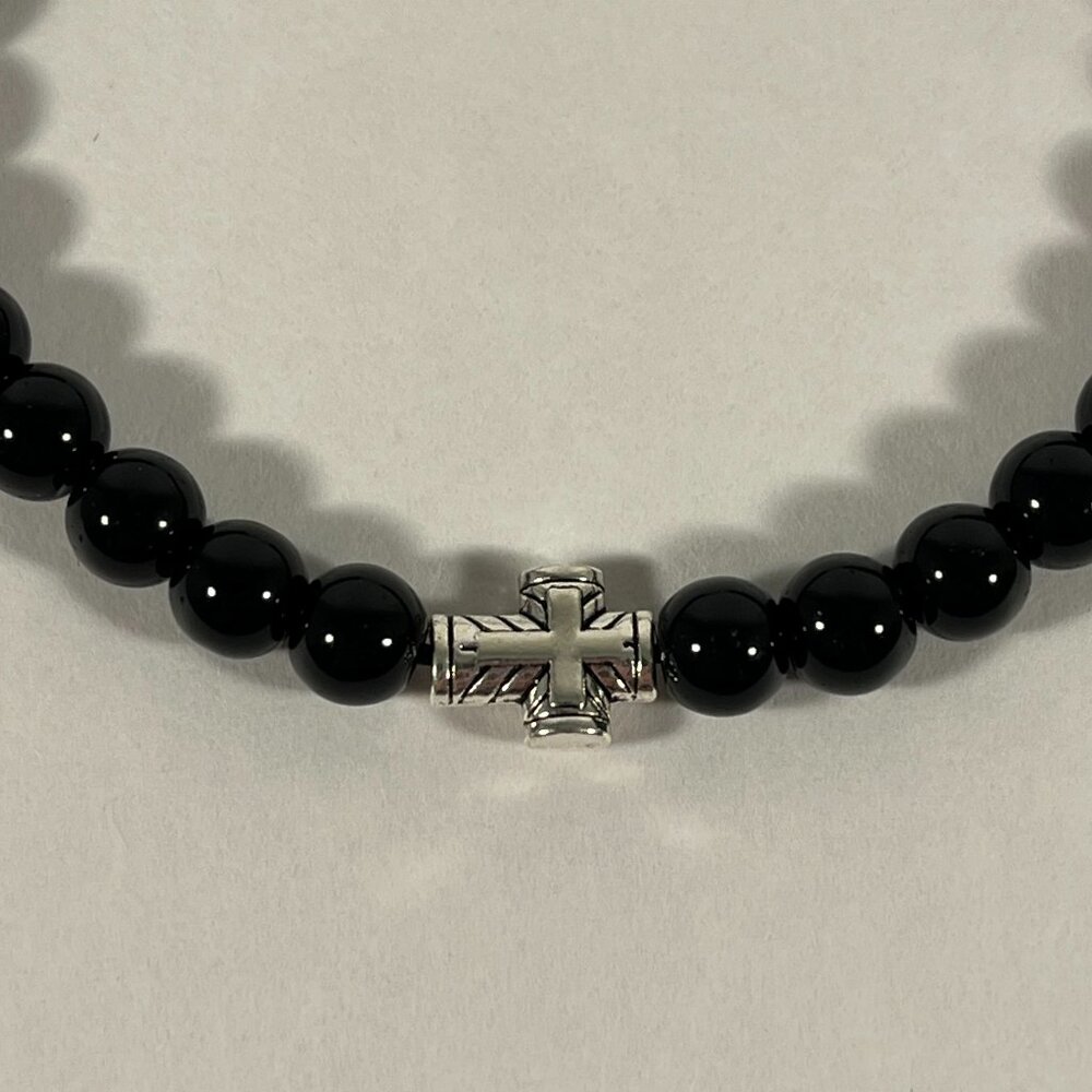 Mini Silver Cross Black Glass Bead Bracelet